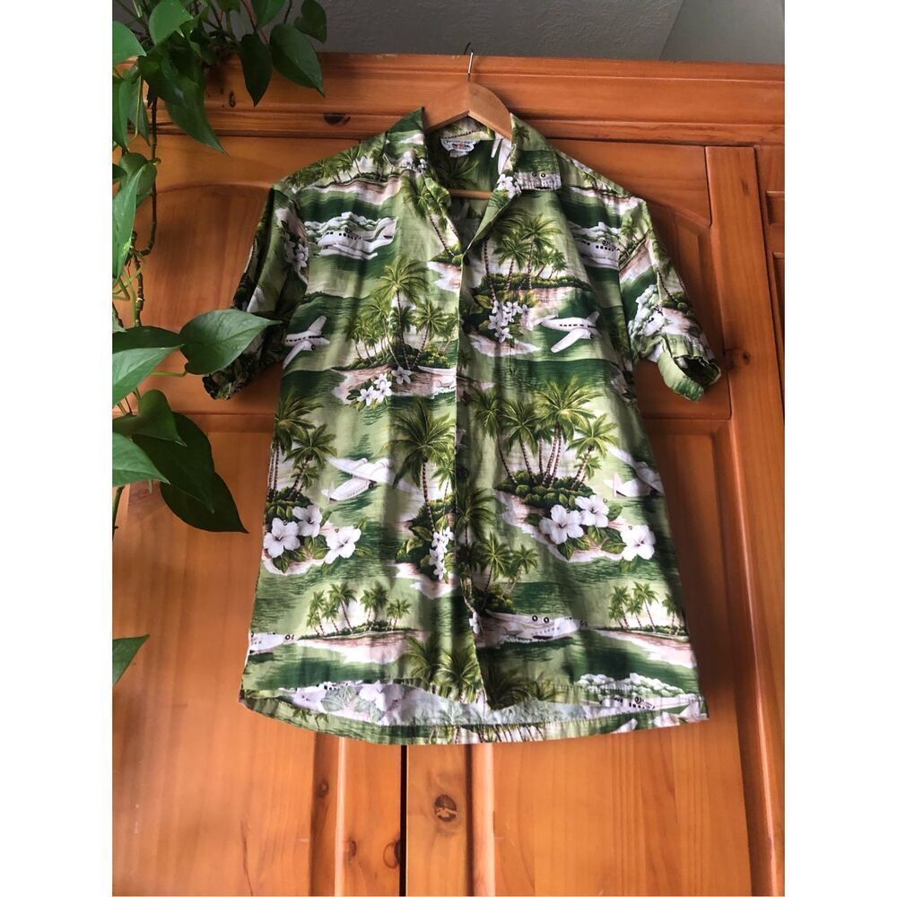 Vintage 90s Pacific Legend Airplanes & Palm Trees Hawaiian Shirt Size L